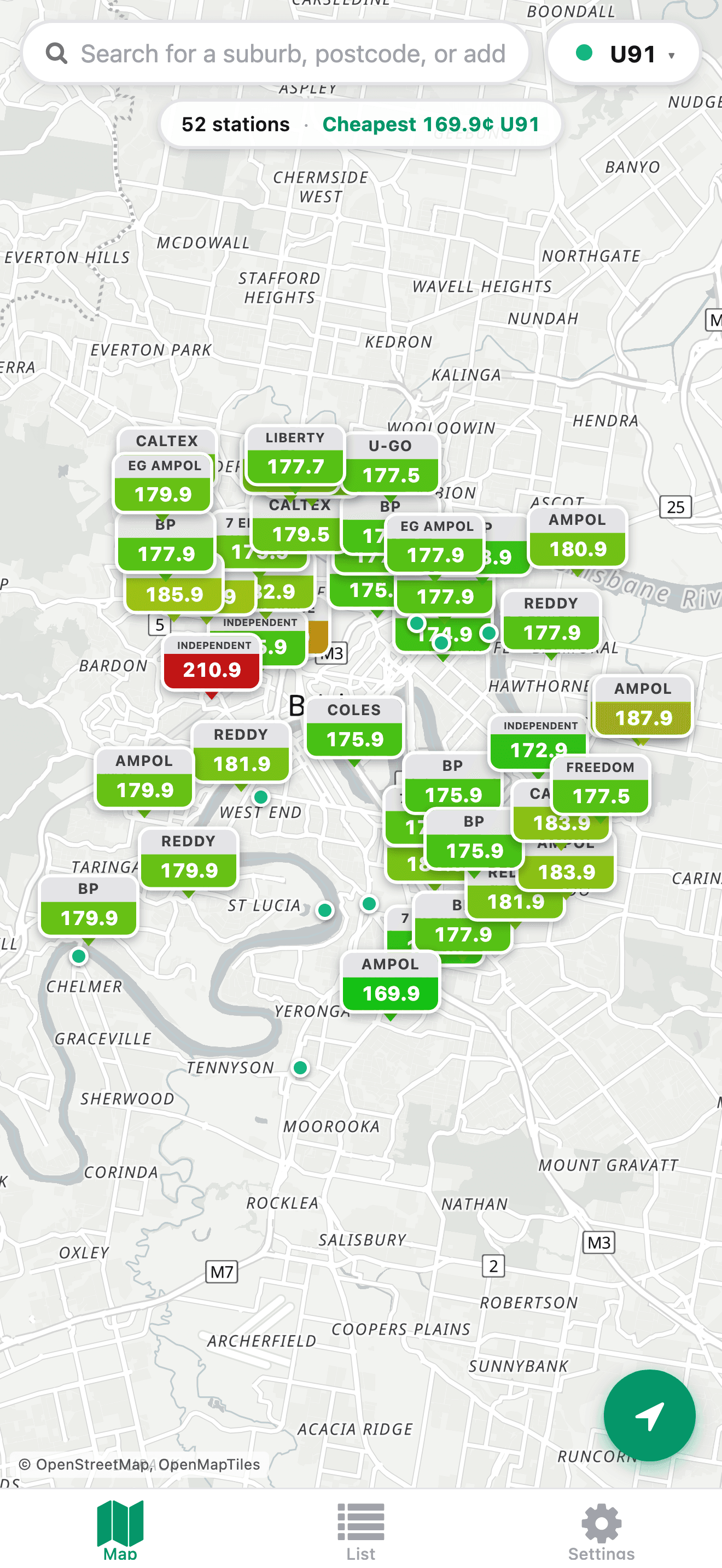 PetrolPuppy live map with colour-coded price pins