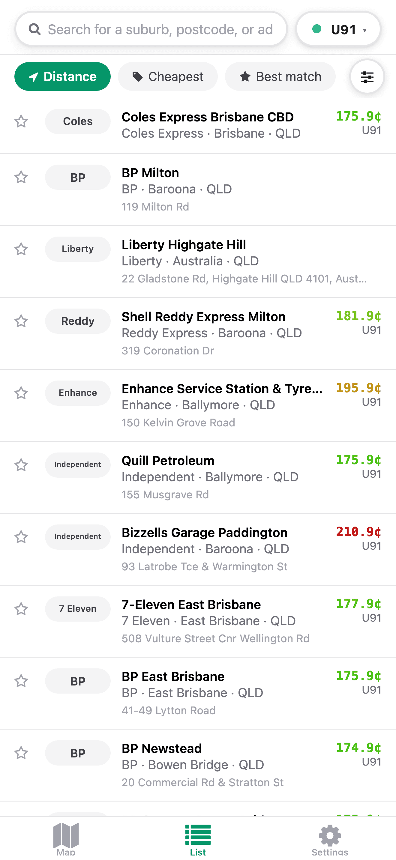 Sorted list of nearby stations by current price