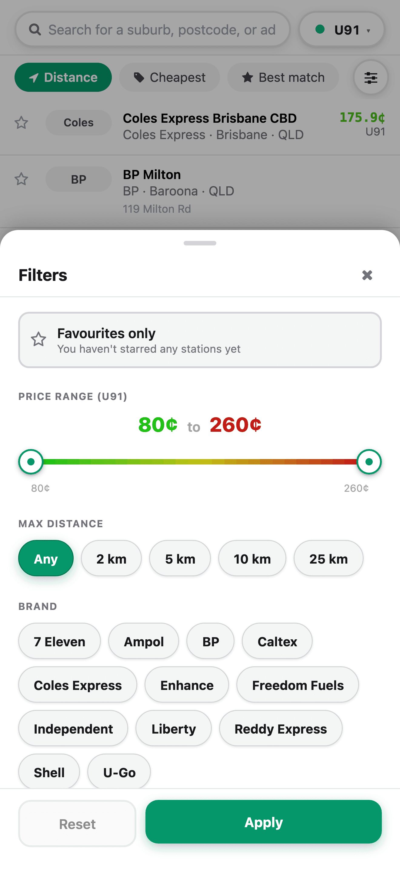 Strict per-fuel-type filter (U91, U95, U98, Diesel, LPG, E10)