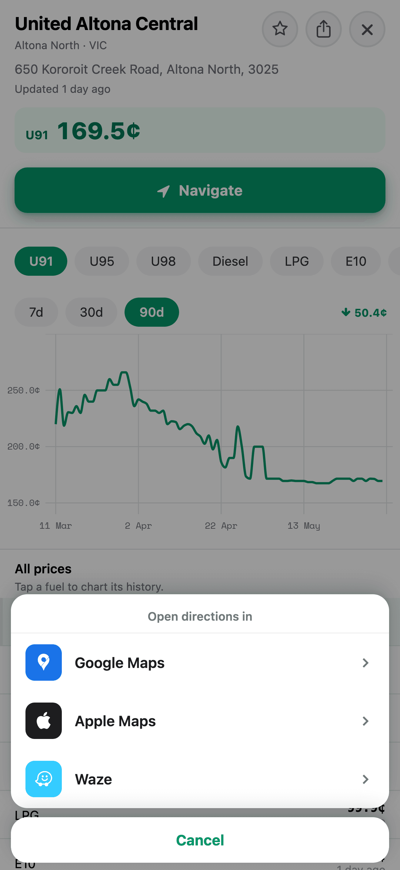 One-tap directions in Apple Maps, Google Maps or Waze